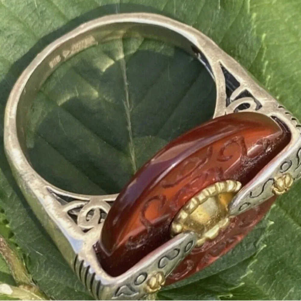 Sterling Silver Yellow Gold Vintage Ring Carved Jade Bi-Disc Estate Fine Jewelry
